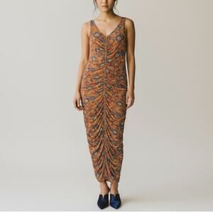 House of Harlow 1960 Ruched Floral Print Midi Dress Orange Blue L Zip Back Boho